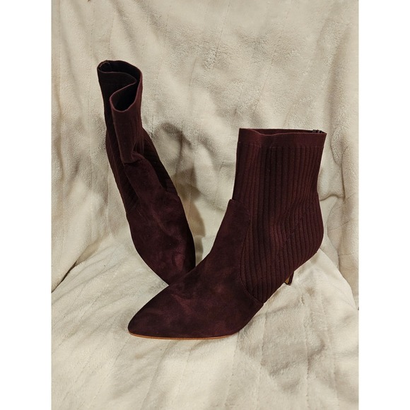 Burgundy Suede Sock Booties Pointed Toe Kitten Heel Ankle Boots Women's - Picture 1 of 7